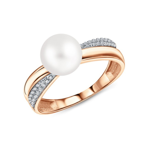 Золотое кольцо с жемчугом и фианитами