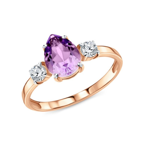 Золотое кольцо с природным аметистом и фианитами