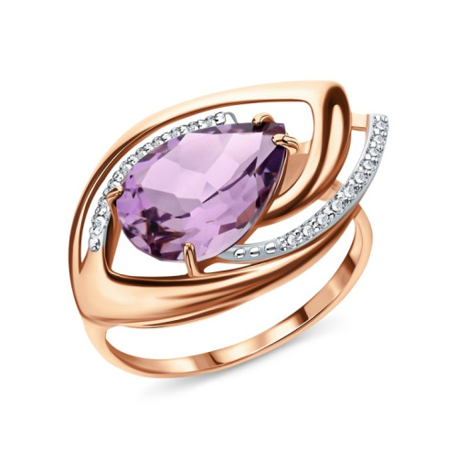 Золотое кольцо с природным аметистом и фианитами