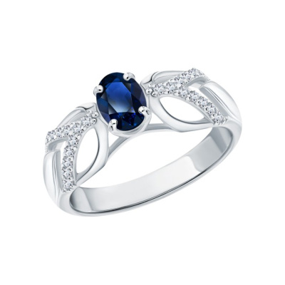 Серебряное кольцо с фианитами и сапфиром природным