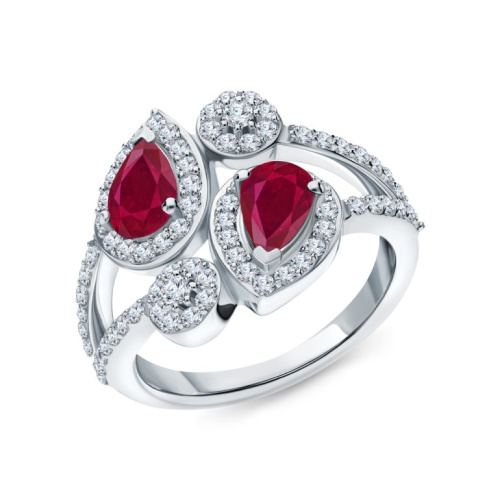 Серебряное кольцо с фианитами и рубинами природными