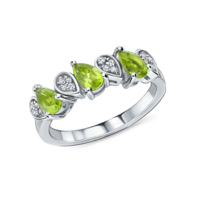 Серебряное кольцо с фианитами и хризолитами природными