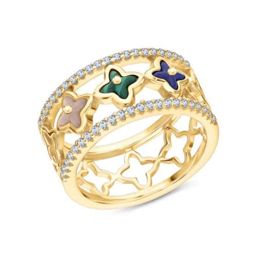 Серебряное кольцо с синтетическим лазуритом, фианитами, синтетическим малахитом и перламутром природным