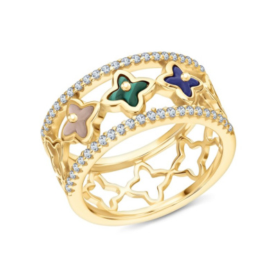 Серебряное кольцо с синтетическим лазуритом, фианитами, синтетическим малахитом и перламутром природным