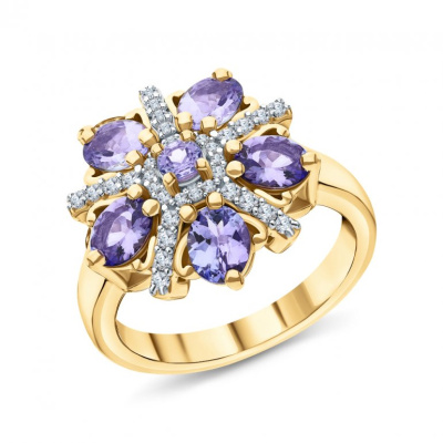 Серебряное кольцо с фианитами и танзанитами природными