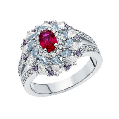 Серебряное кольцо с фианитами и корундом синтетическим