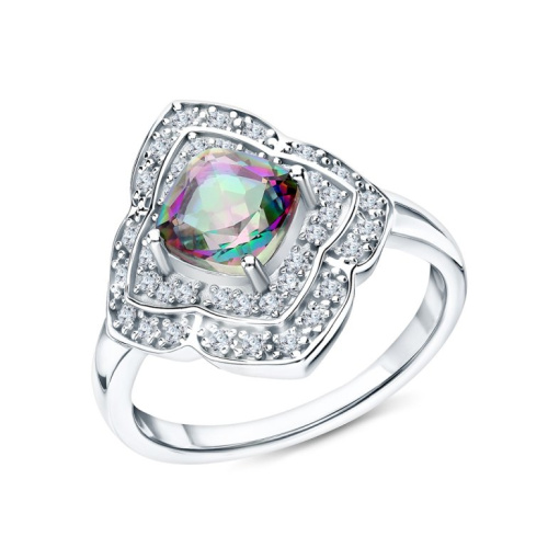 Серебряное кольцо с фианитами и кварцами природными