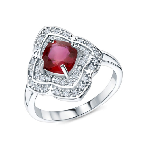 Серебряное кольцо с фианитами и рубинами природными