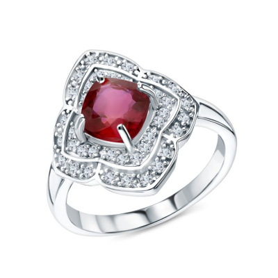 Серебряное кольцо с фианитами и рубинами природными