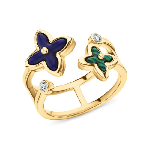 Серебряное кольцо с лазуритом, фианитами и малахитом