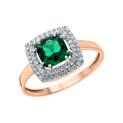 Золотое кольцо с фианитами и наноситаллами изумруд