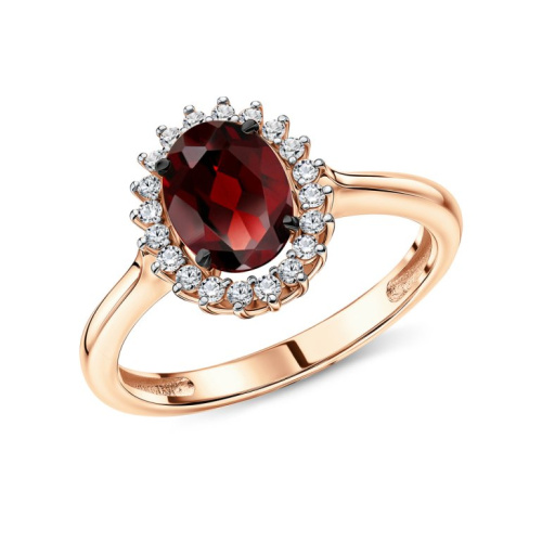 Золотое кольцо с фианитами и гранатом природным