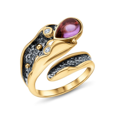 Серебряное кольцо с фианитами и аметистами природными