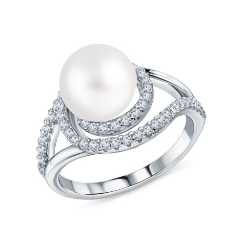 Серебряное кольцо с жемчугом и фианитами