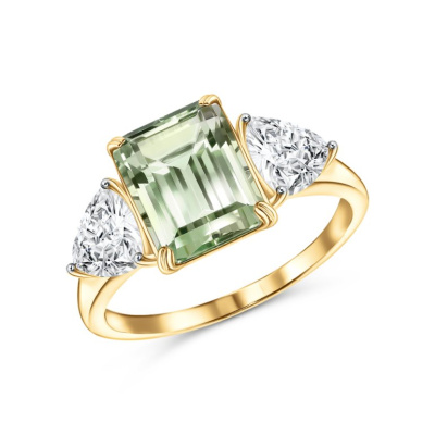 Золотое кольцо с празиолитом природным и кварцами природными