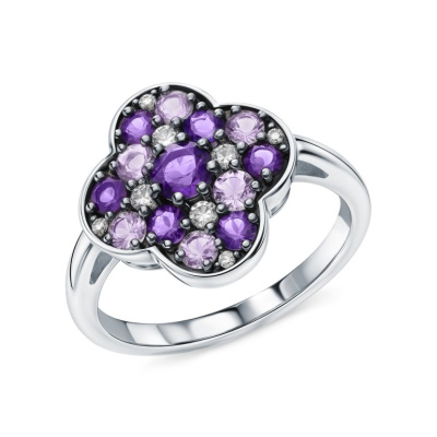 Серебряное кольцо с фианитами и аметистами