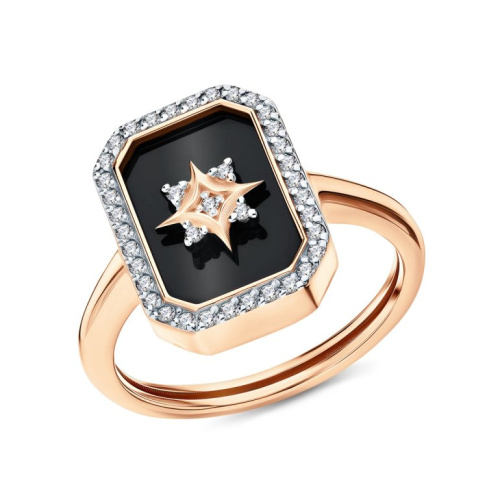 Золотое кольцо с фианитами и ониксом