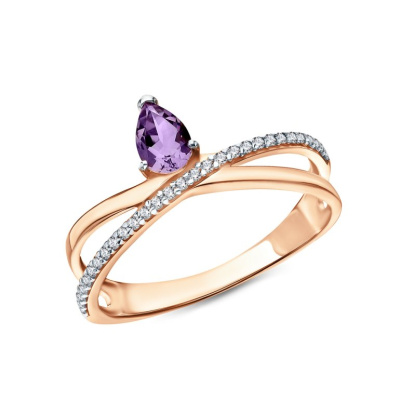 Золотое кольцо с природным аметистом и фианитами