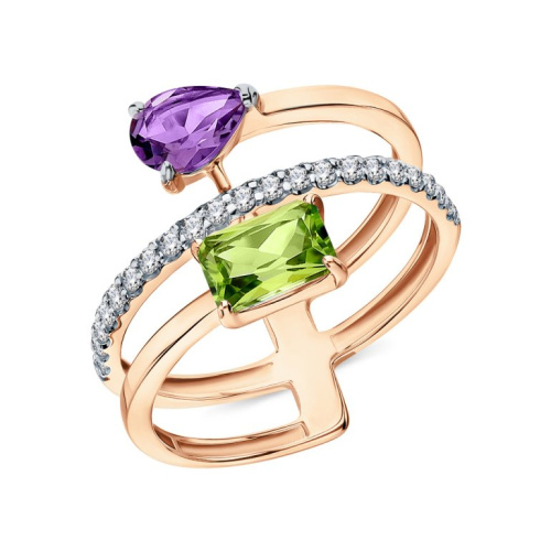Золотое кольцо с природным аметистом, хризолитом и фианитами