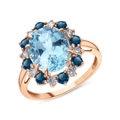 Золотое кольцо с фианитами и топазами природными