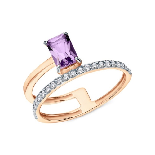 Золотое кольцо с природным аметистом и фианитами
