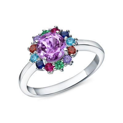 Серебряное кольцо с фианитами и аметистами природными