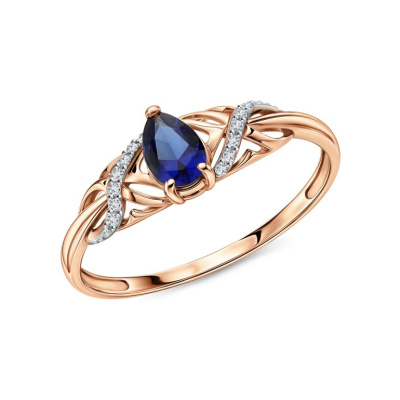 Золотое кольцо с фианитами и ситаллом сапфир