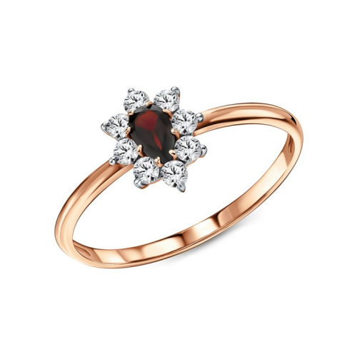 Золотое кольцо с фианитами и гранатами природными