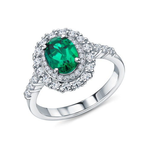 Серебряное кольцо с фианитами и изумрудами гидротермальными