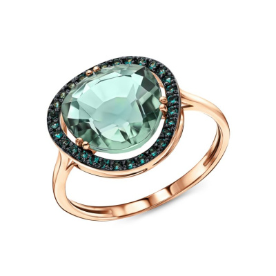 Золотое кольцо с фианитами и празиолитом природным