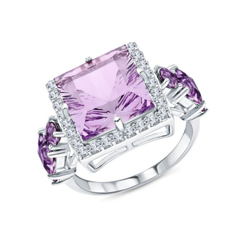 Серебряное кольцо с фианитами и аметистами природными
