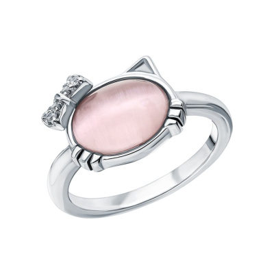 Серебряное кольцо с фианитами и кошачьими глазами синтетическими