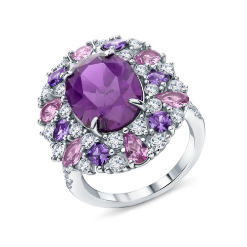 Серебряное кольцо с фианитами и корундом