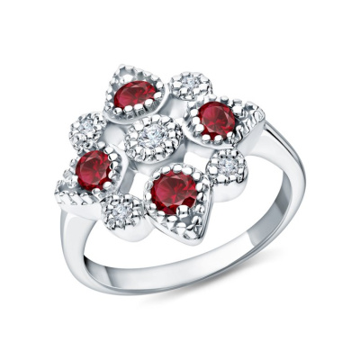 Серебряное кольцо с фианитами и гранатами природными