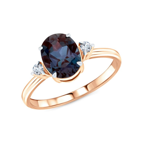 Золотое кольцо с бриллиантами природными и александритом выращенным