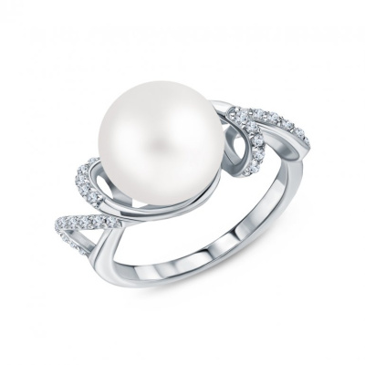Серебряное кольцо с жемчугом и фианитами