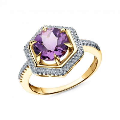 Золотое кольцо с бриллиантами природными и аметистами природными