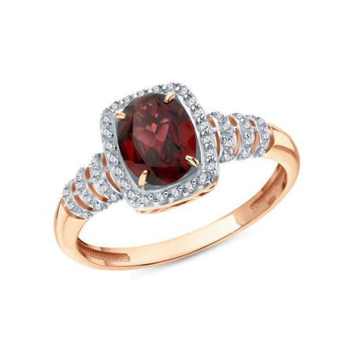 Золотое кольцо с фианитами и родолитом природным