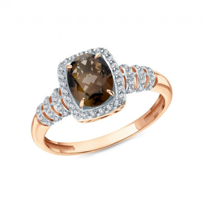 Золотое кольцо с фианитами и кварцем дымчатым природным