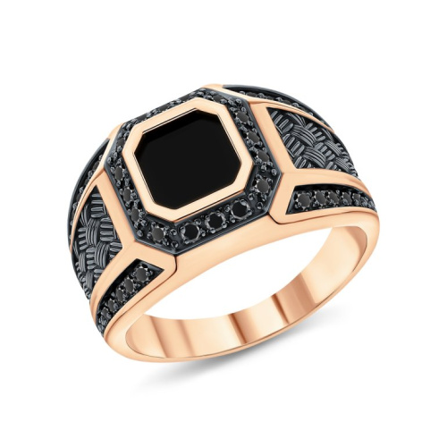 Золотое кольцо с фианитами и ониксом природным