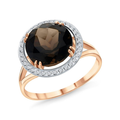 Золотое кольцо с фианитами и кварцами дымчатыми синтетическими