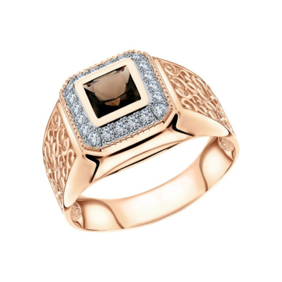 Золотое кольцо с фианитами и кварцем дымчатым