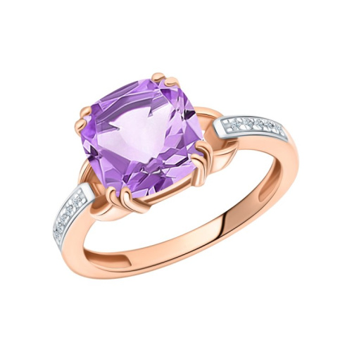 Золотое кольцо с бриллиантами природными и аметистами природными