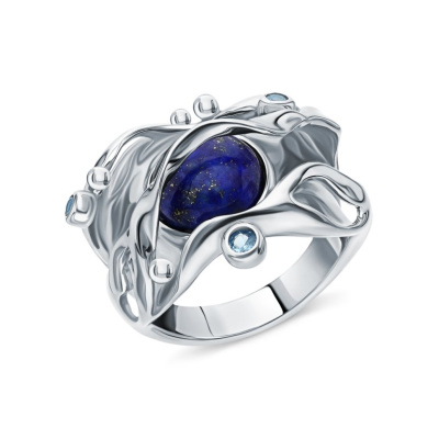 Серебряное кольцо с лазуритом природным и шпинелями синтетическими