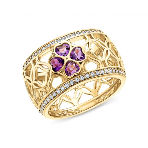 Серебряное кольцо с фианитами и аметистами природными