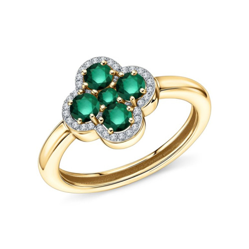 Золотое кольцо с фианитами и ситаллами изумруд