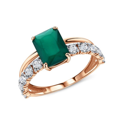 Золотое кольцо с природным агатом и фианитами