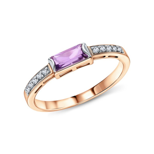 Золотое кольцо с природным аметистом и фианитами
