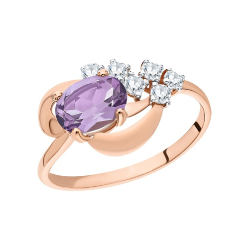 Золотое кольцо с фианитами и аметистами природными