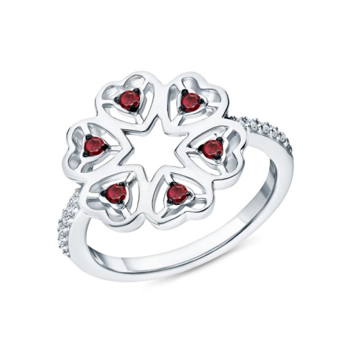 Серебряное кольцо с фианитами и рубинами природными